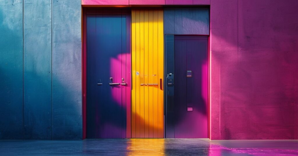 Portable door jammer securing a hotel room door from the inside.
